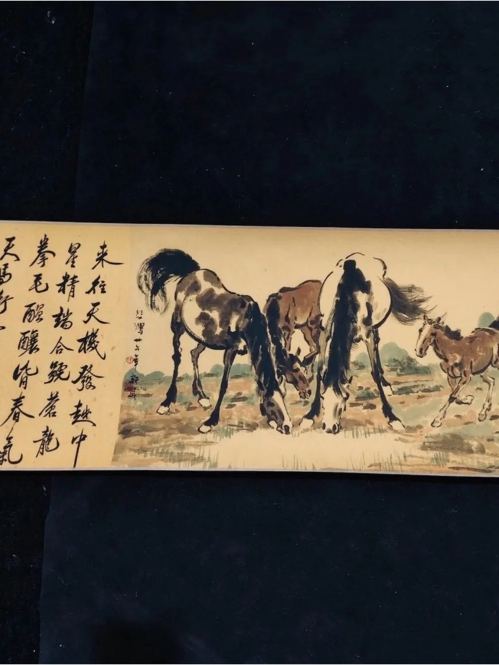Traditional Horse Scroll Wall Art in Tan and Blue-Green by